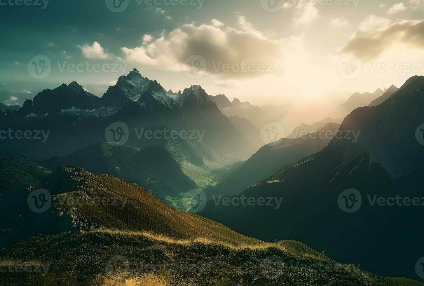 ai genererad en Sol lysande över en berg räckvidd under blå himmel foto