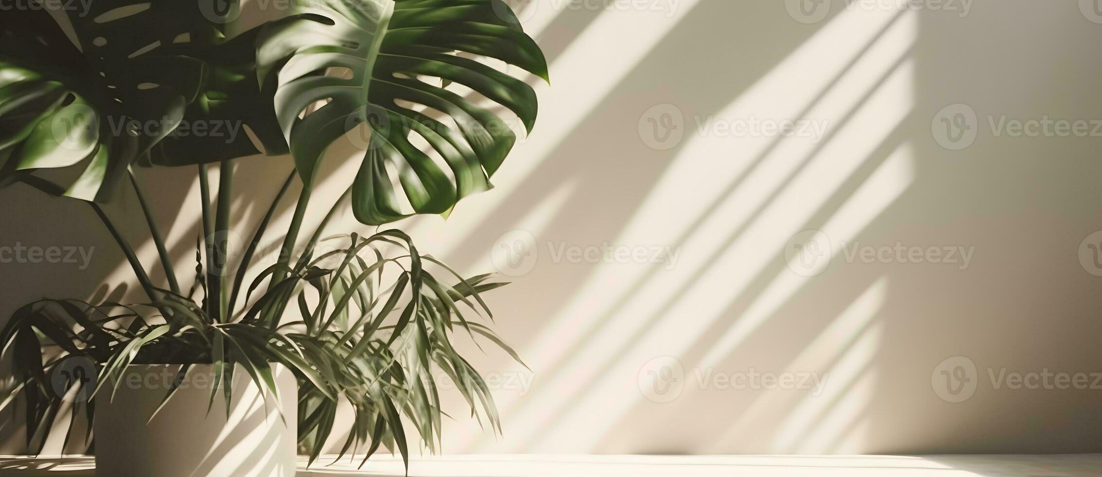 ai genererad monstera blad på beige pastell vägg med fönster ljus skuggor, 3d tolkning kosmetisk produkt visa attrapp foto
