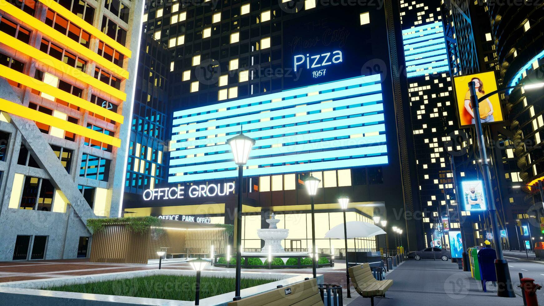 nattetid stadens centrum stad vägar med företag kontor byggnader. tömma storstads stad med esplanaderna upplyst förbi lampa inlägg och neon led belyst bostadsrätter, 3d framställa animering foto