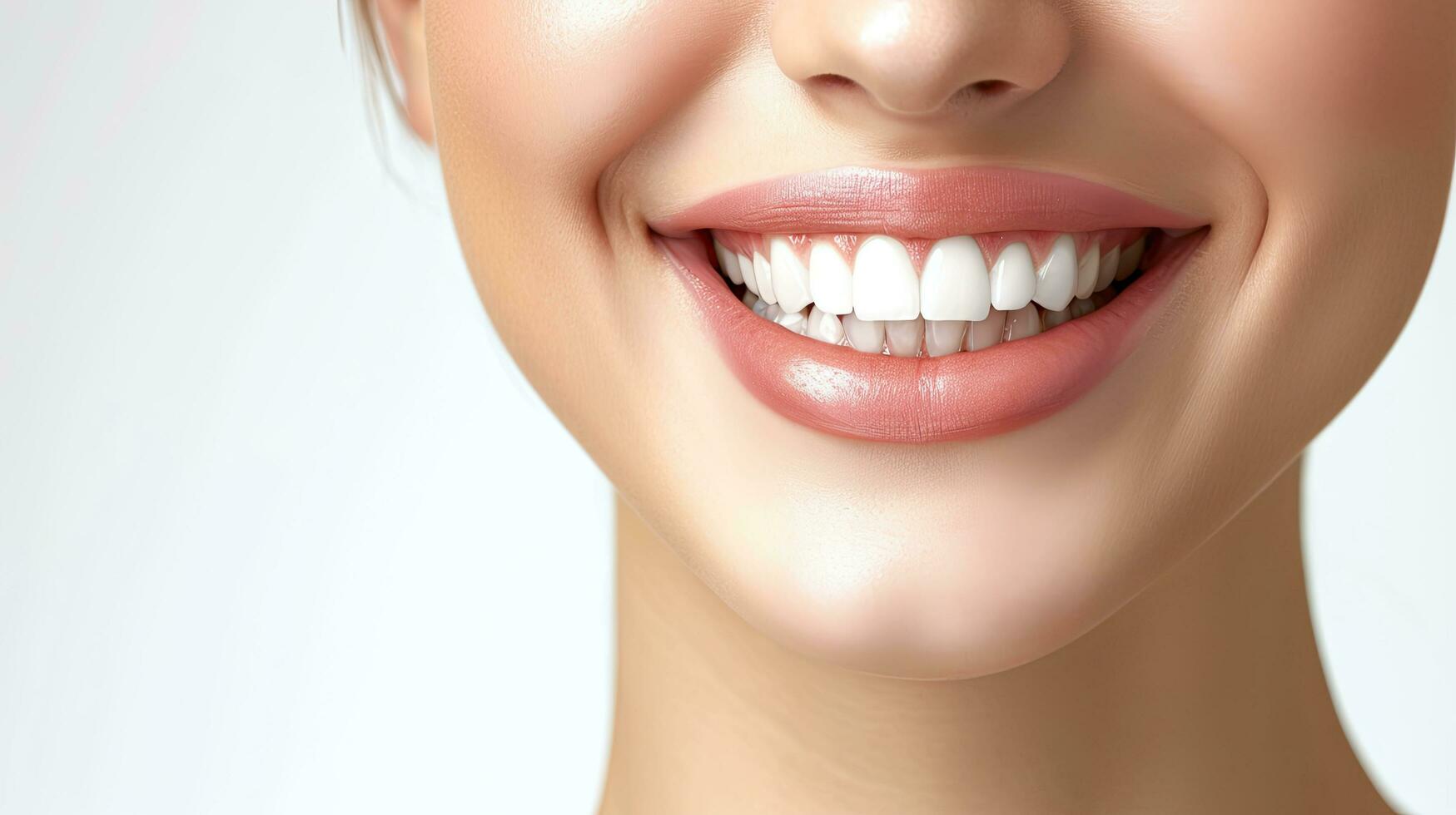 ai genererad stänga upp av en leende kvinna med friska vit tänder, isolerat på en vit bakgrund. foto