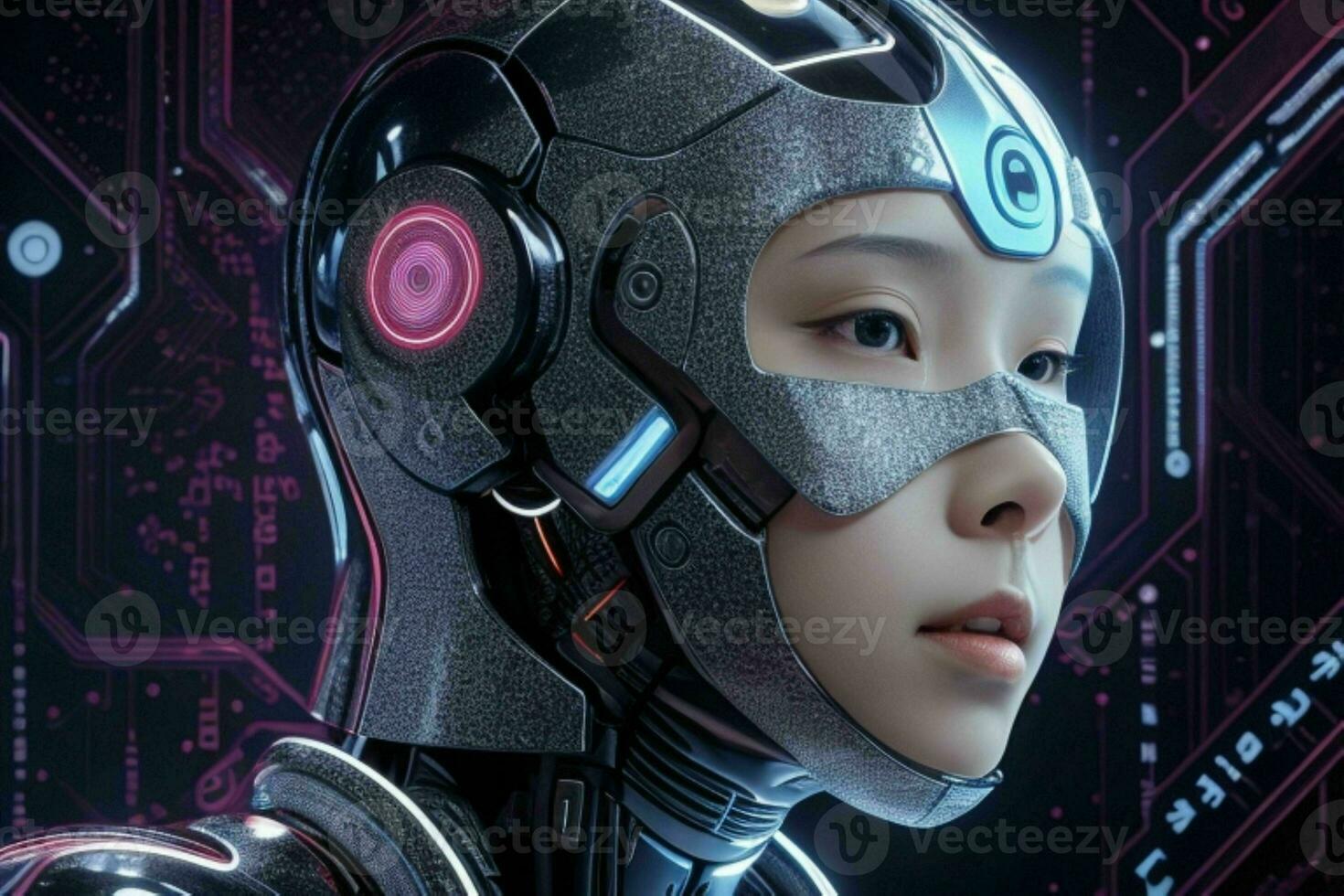 ai genererad cyborg kvinna. artificiell intelligens modern teknologi bakgrund. proffs Foto