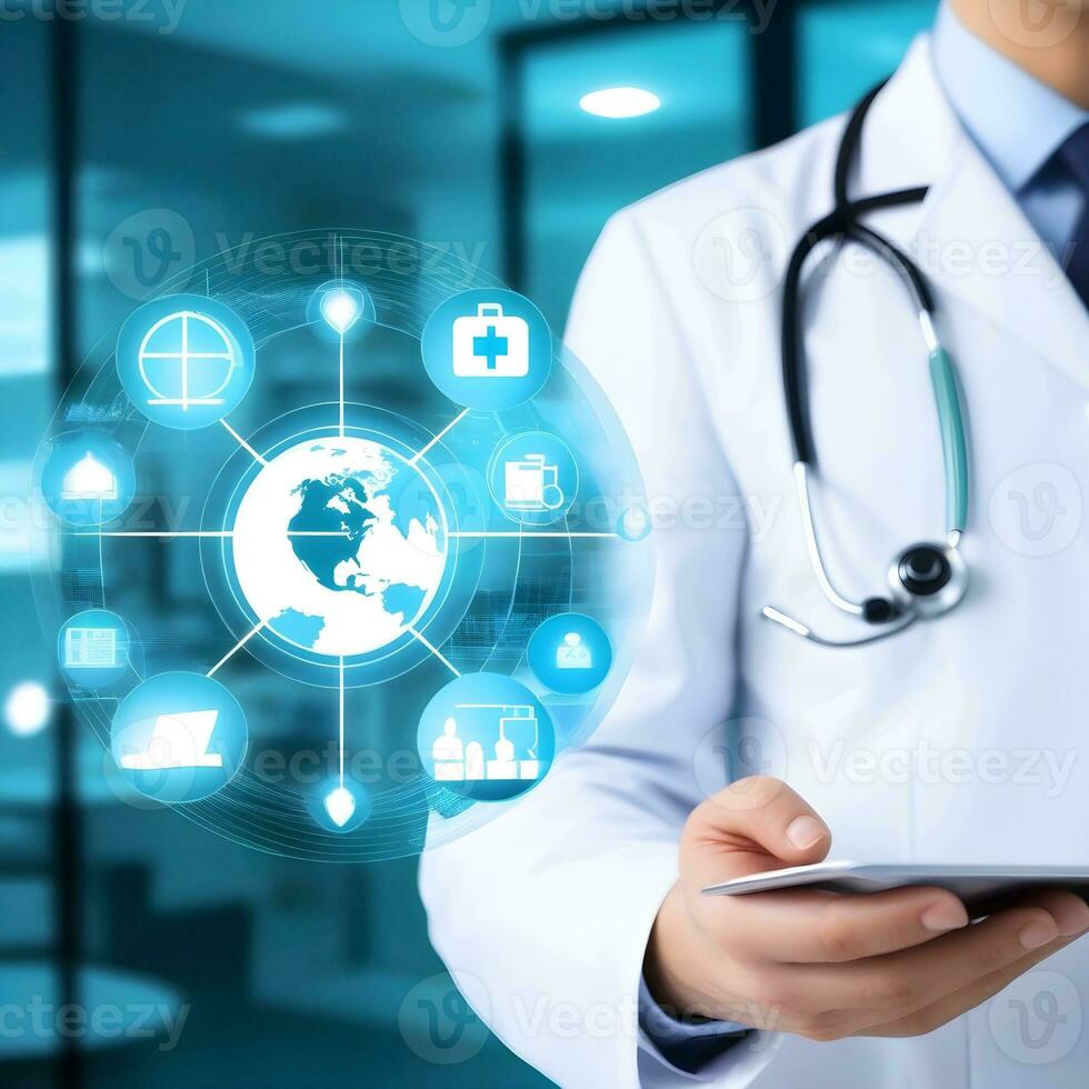 ai genererad manlig läkare är innehav en läsplatta visning en digital nätverk av global hälsa ikoner foto