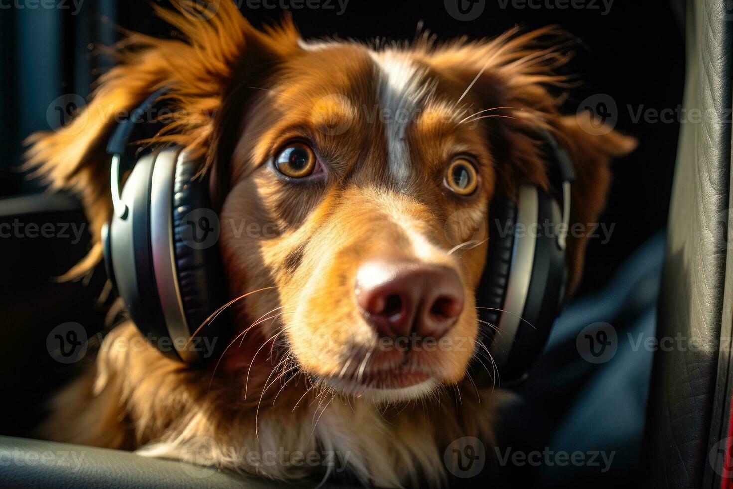 ai genererad hund med hörlurar njuter musik i bil generativ ai foto