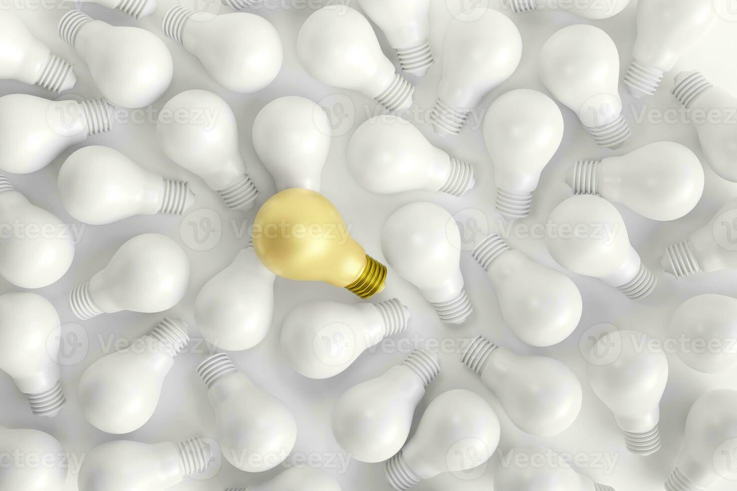 unik idéer och annorlunda begrepp. ett gyllene Glödlampa står ut från många vit lökar på vit bakgrund. ny kreativ, företag, och innovationer foto
