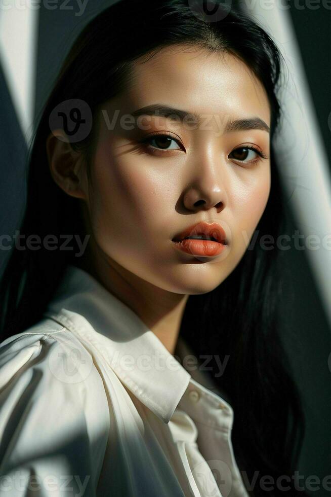 ai genererad fantastisk skön ung asiatisk kvinna med hög kontrast skugga och modern stil. proffs Foto