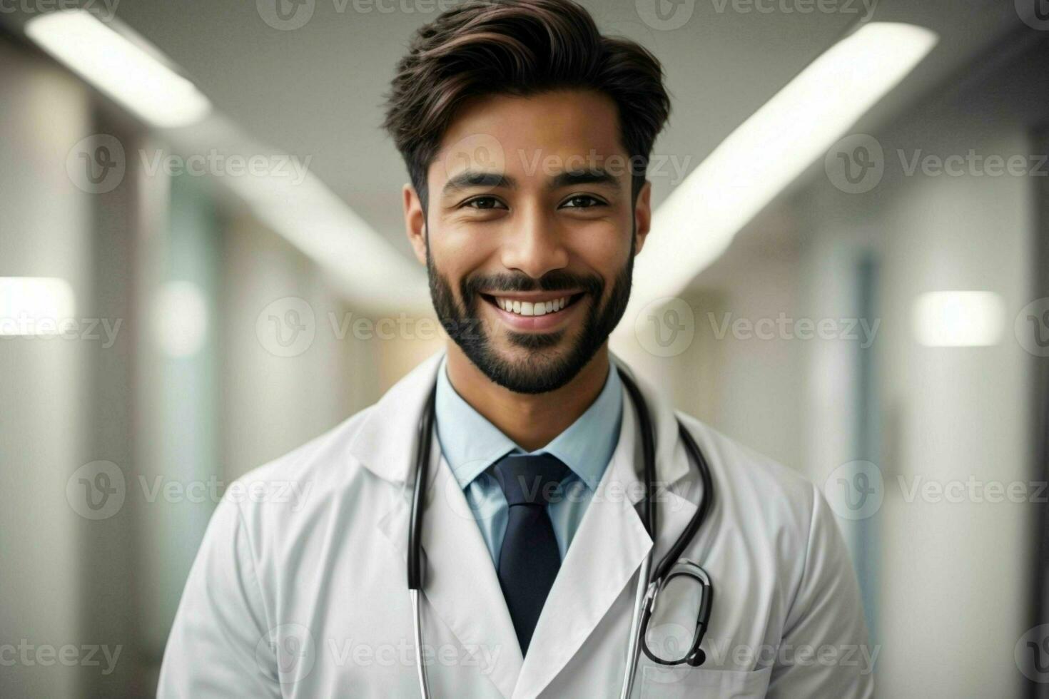 ai genererad leende ung manlig läkare i en vit täcka, en stetoskop på en sjukhus. proffs Foto
