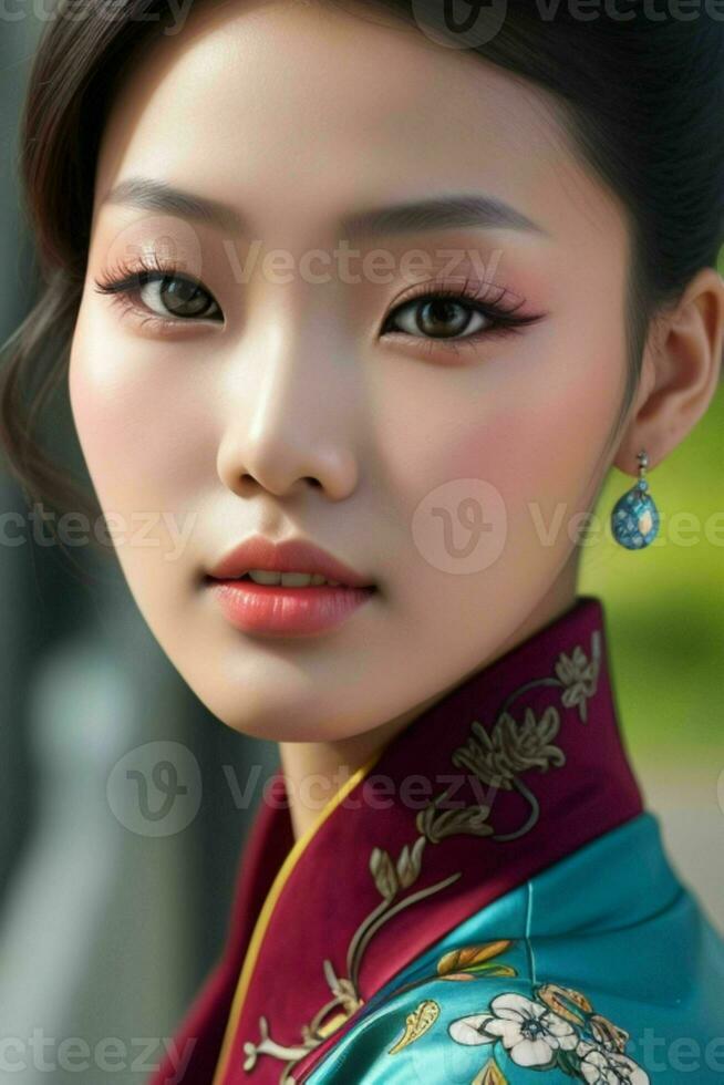 ai genererad fantastisk skön ung asiatisk kvinna med hög kontrast skugga och modern stil. proffs Foto