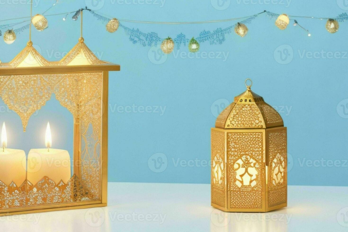 ai genererad firande av islamic eid mubarak och eid al Adha lykta bakgrund och baner design. proffs Foto