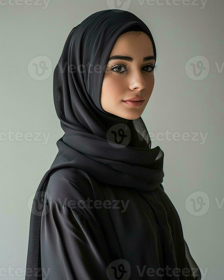 ai genererad en skön lady i en eleganta hijab bär samtida mode foto