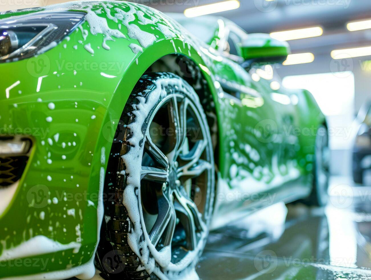 ai genererad biltvätt detaljering, putsning och rengöring i bil- service underhåll station foto