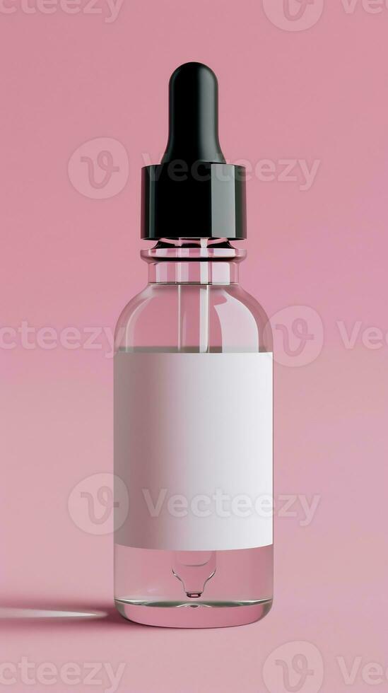 ai genererad dropper flaska med en enkel vit märka mot en rosa bakgrund foto