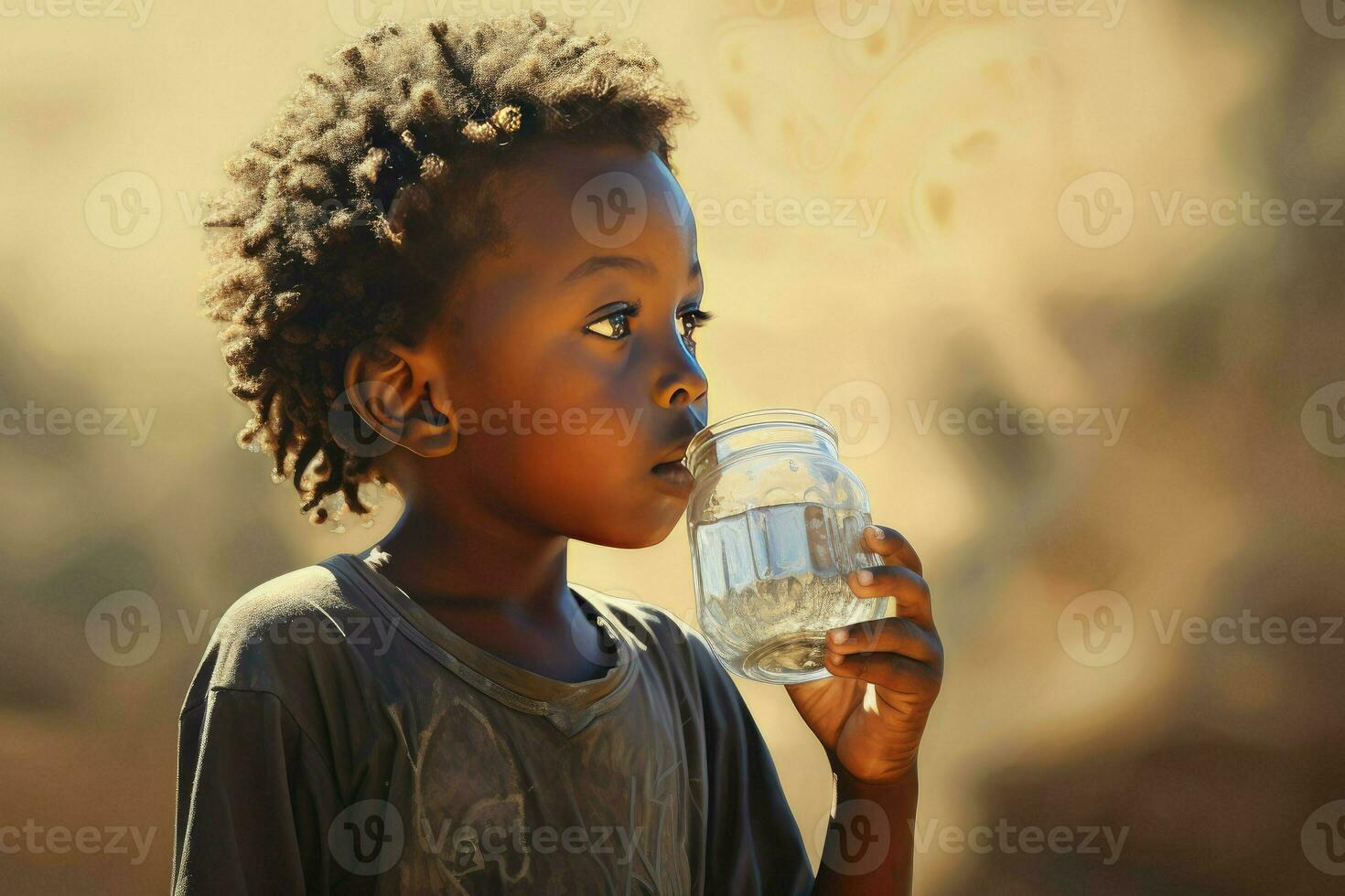 ai genererad porträtt barn av afrika dryck vatten från råna , närbild. torka, brist av vatten problem foto