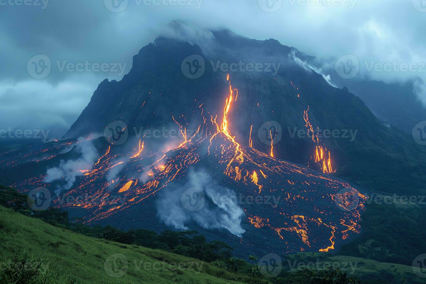 ai genererad landskap av en vulkanisk utbrott med strömmar av flytande spridning lava foto