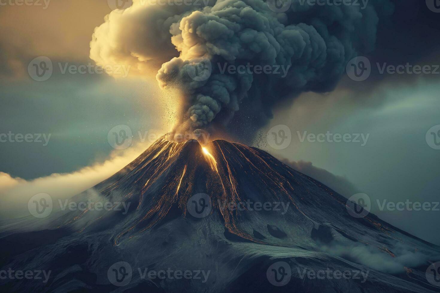 ai genererad naturlig landskap med ett utbrott vulkan foto