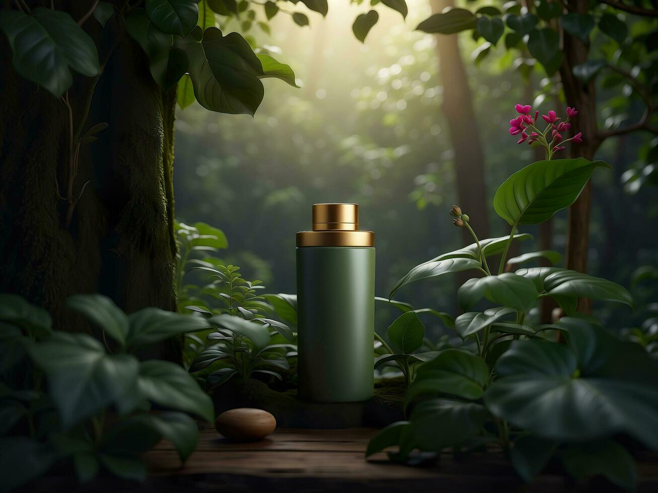 ai genererad produkt falsk upp flaska i en djungel bakgrund foto