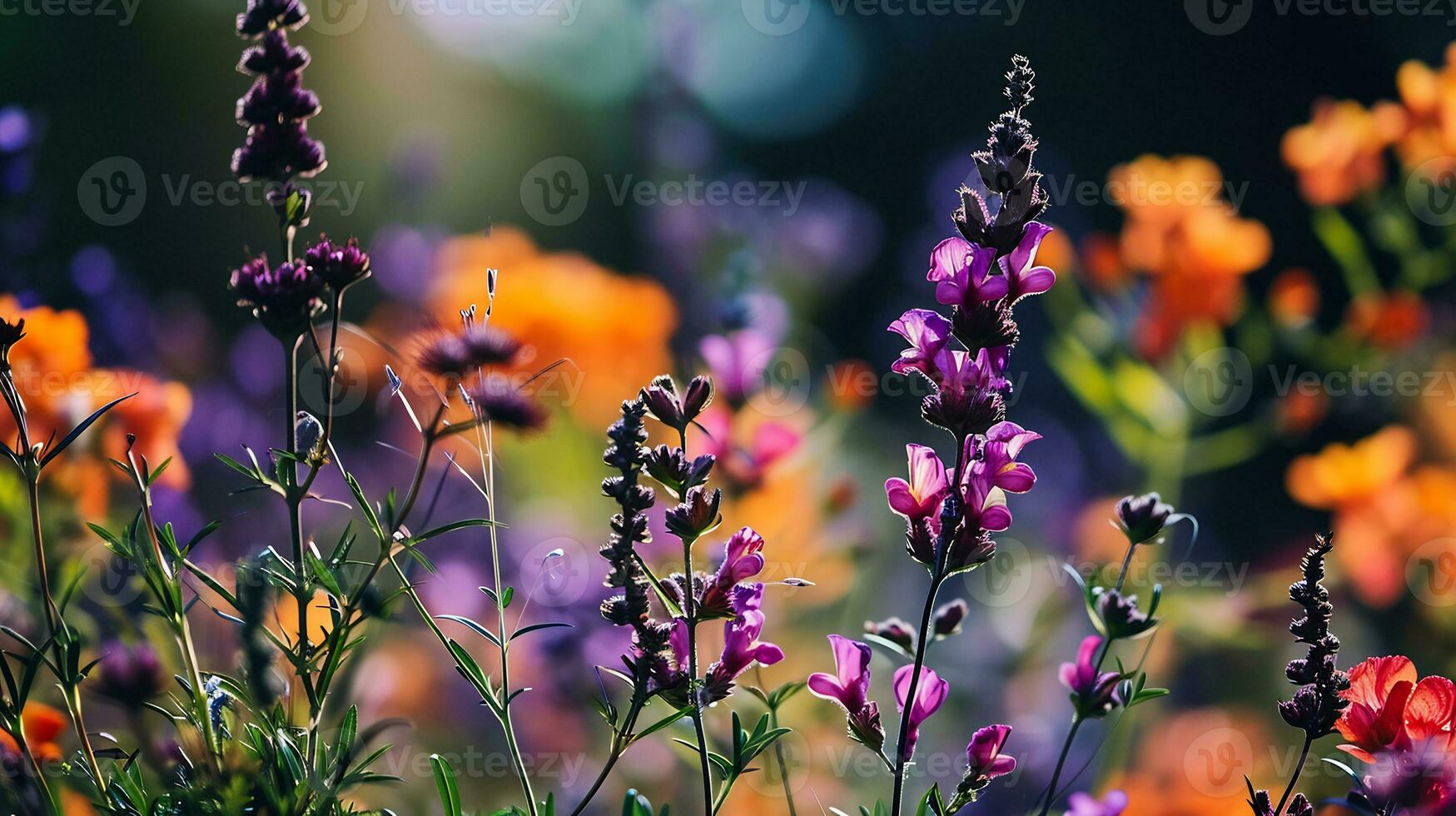 ai genererad en suddigt Foto av lila och orange blommor