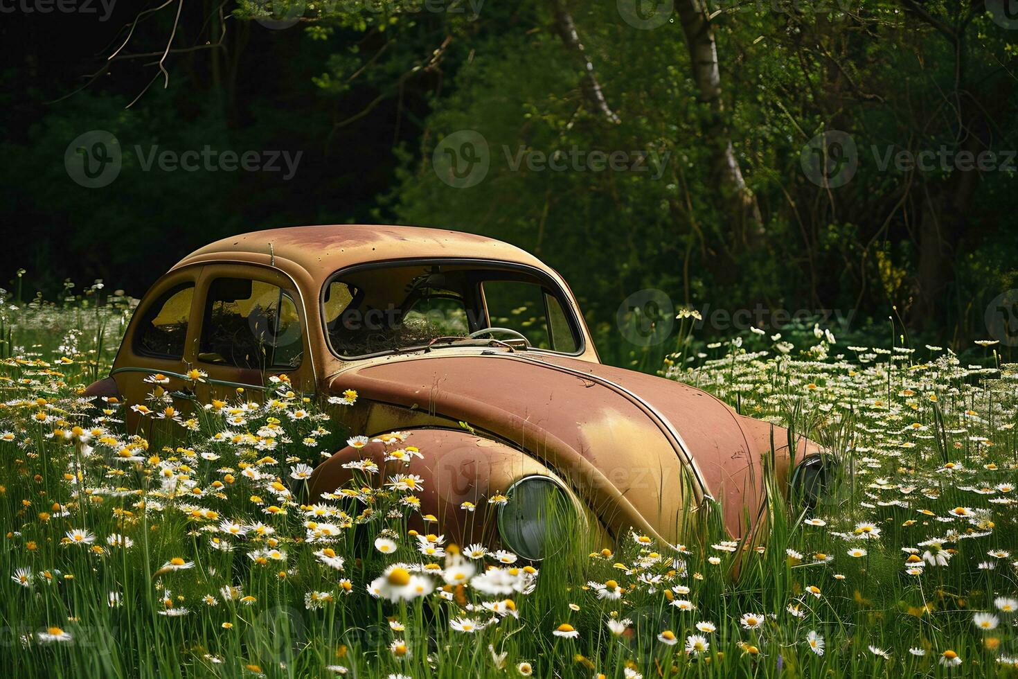 ai genererad en rostig ut gammal bil Sammanträde i en fält av blommor foto