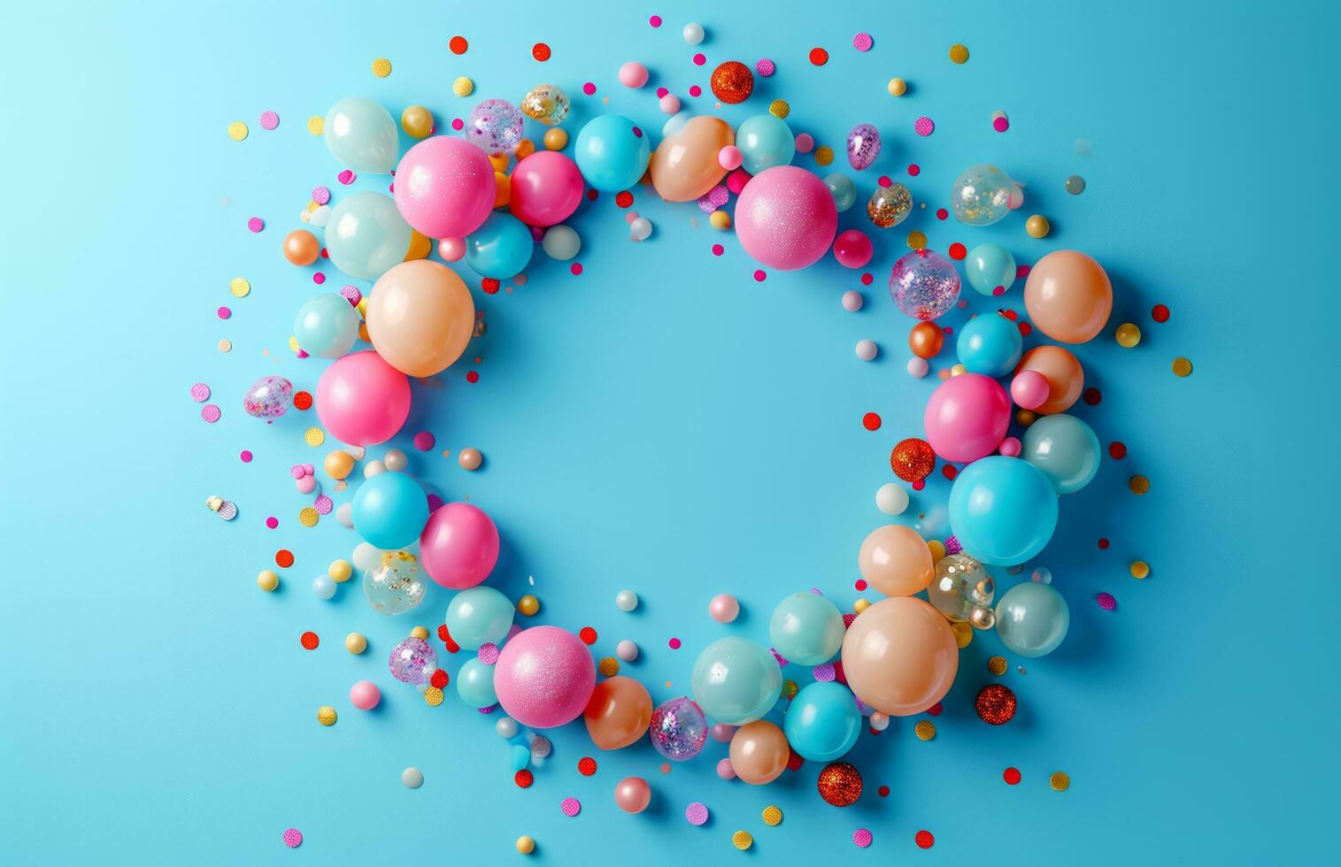 ai genererad konfetti, ballonger och dekorationer anordnad i en cirkulär mönster över en blå bakgrund foto
