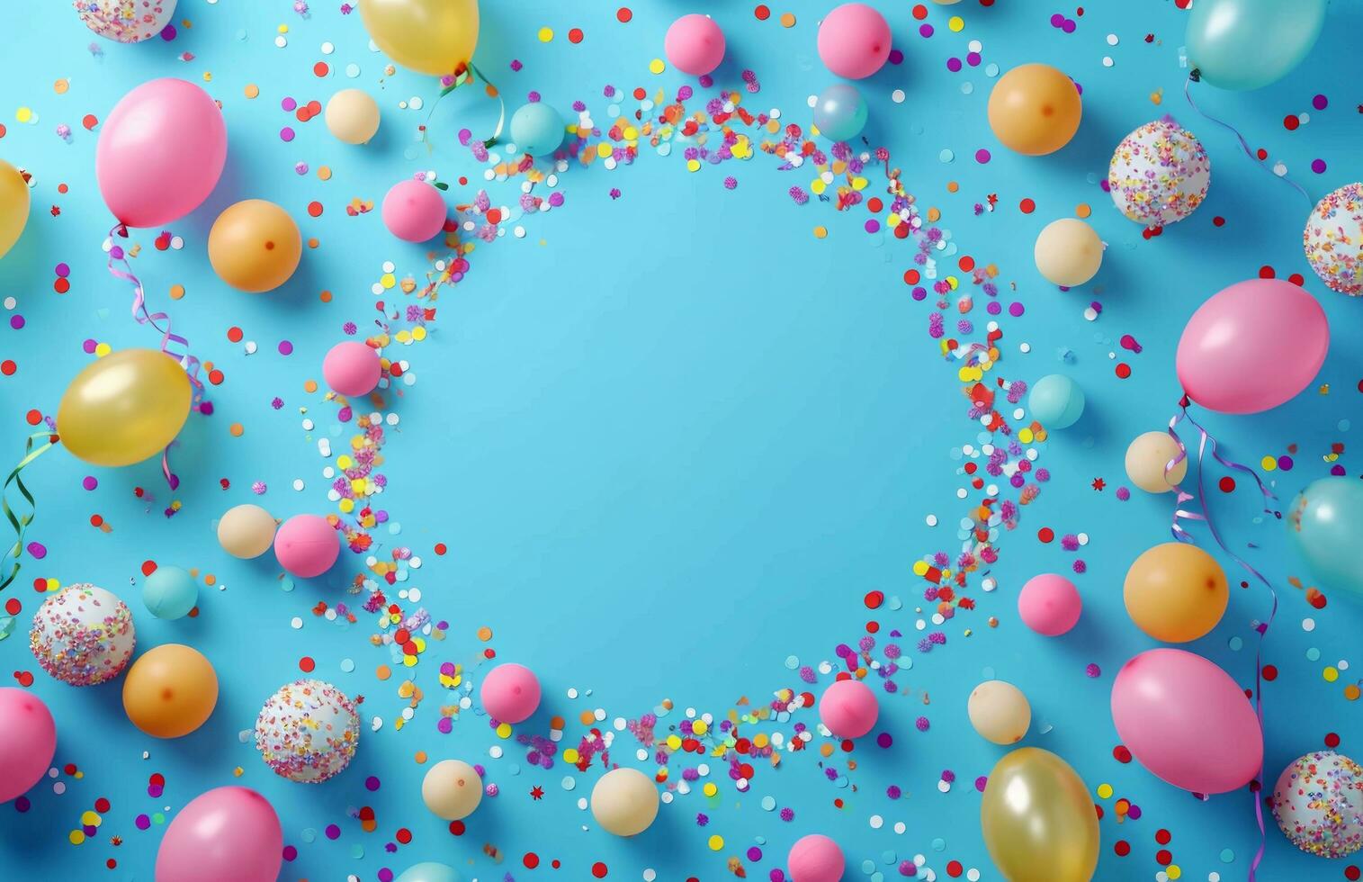 ai genererad konfetti, ballonger och dekorationer anordnad i en cirkulär mönster över en blå bakgrund foto