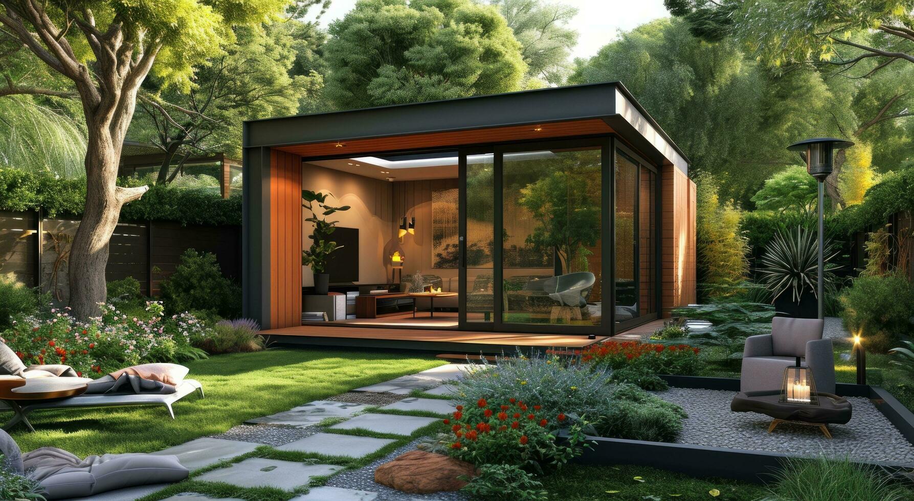 ai genererad små gäst hus med glidning glas dörrar och trädgård område foto