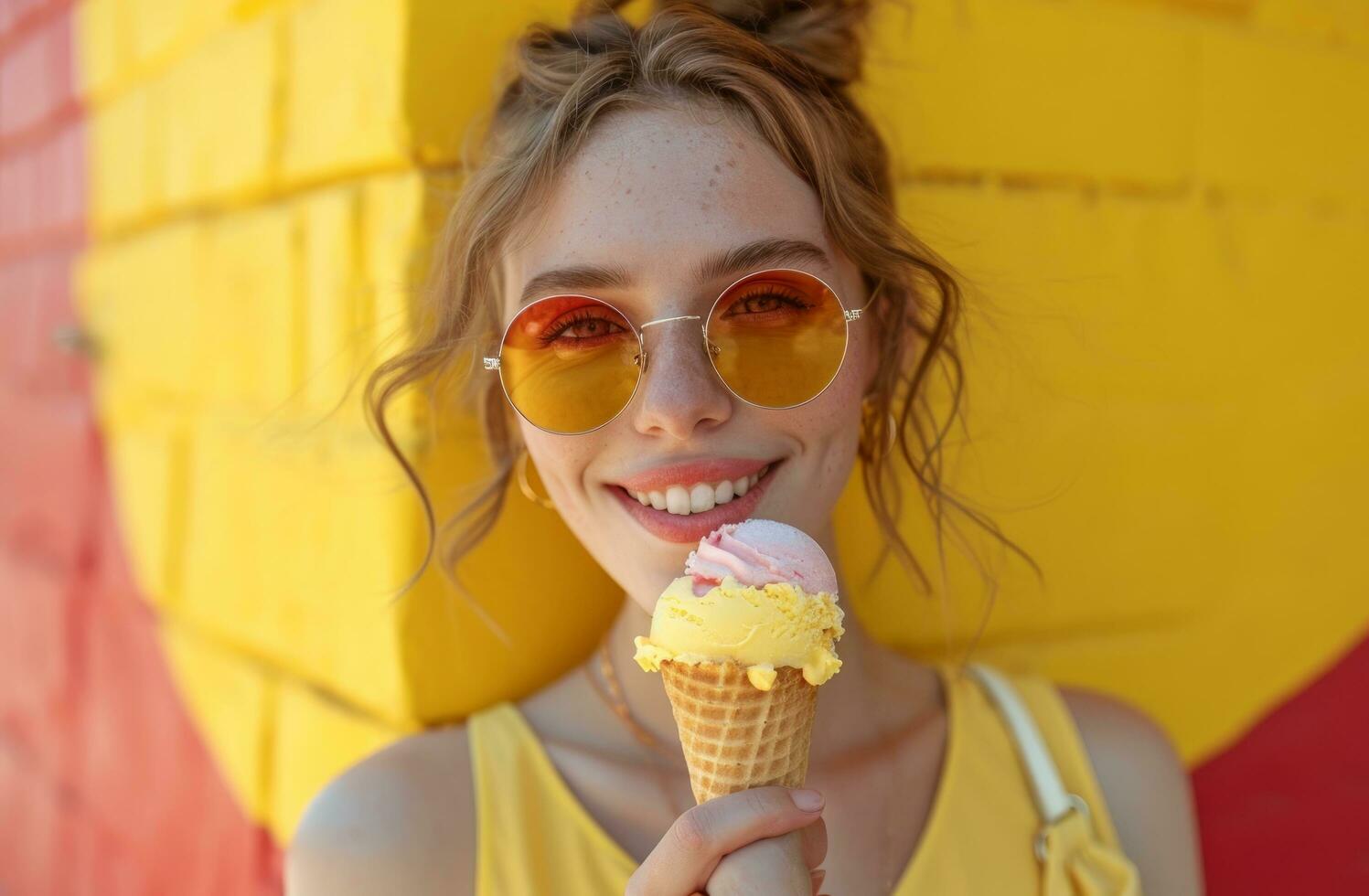 ai genererad en ung kvinna bär solglasögon äter en kon av is grädde foto