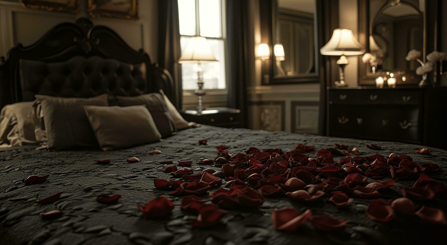 ai genererad kärlek i de morgon- hotell hotell svart kronblad på de säng foto