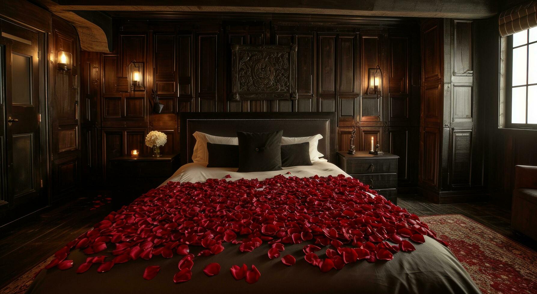 ai genererad kärlek i de morgon- hotell hotell svart kronblad på de säng foto