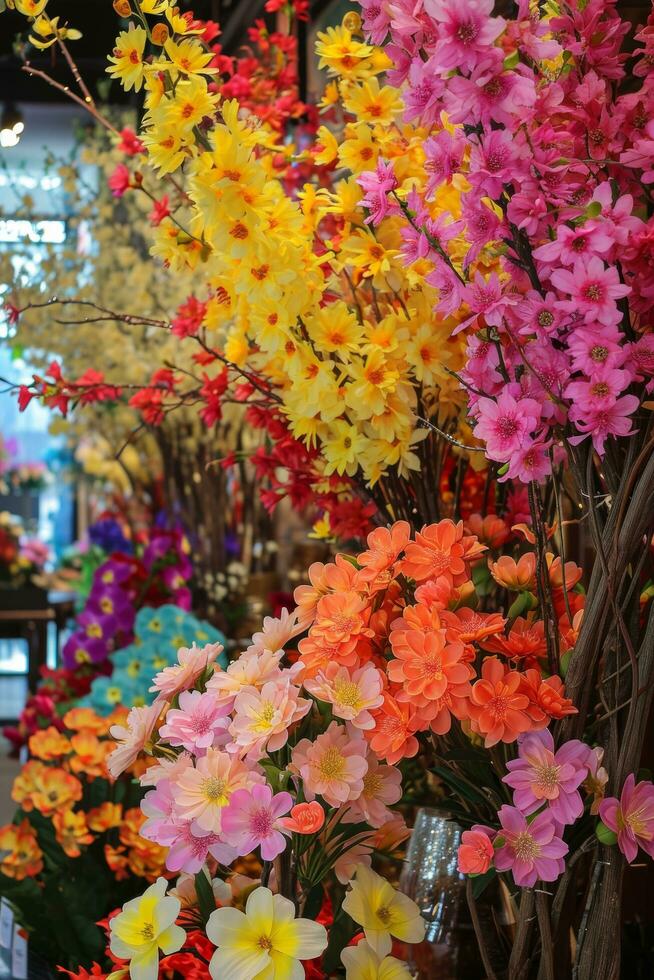 ai genererad en livlig visa av blommar i olika nyanser, inbjudande kunder in i en vibrerande vår befordran foto