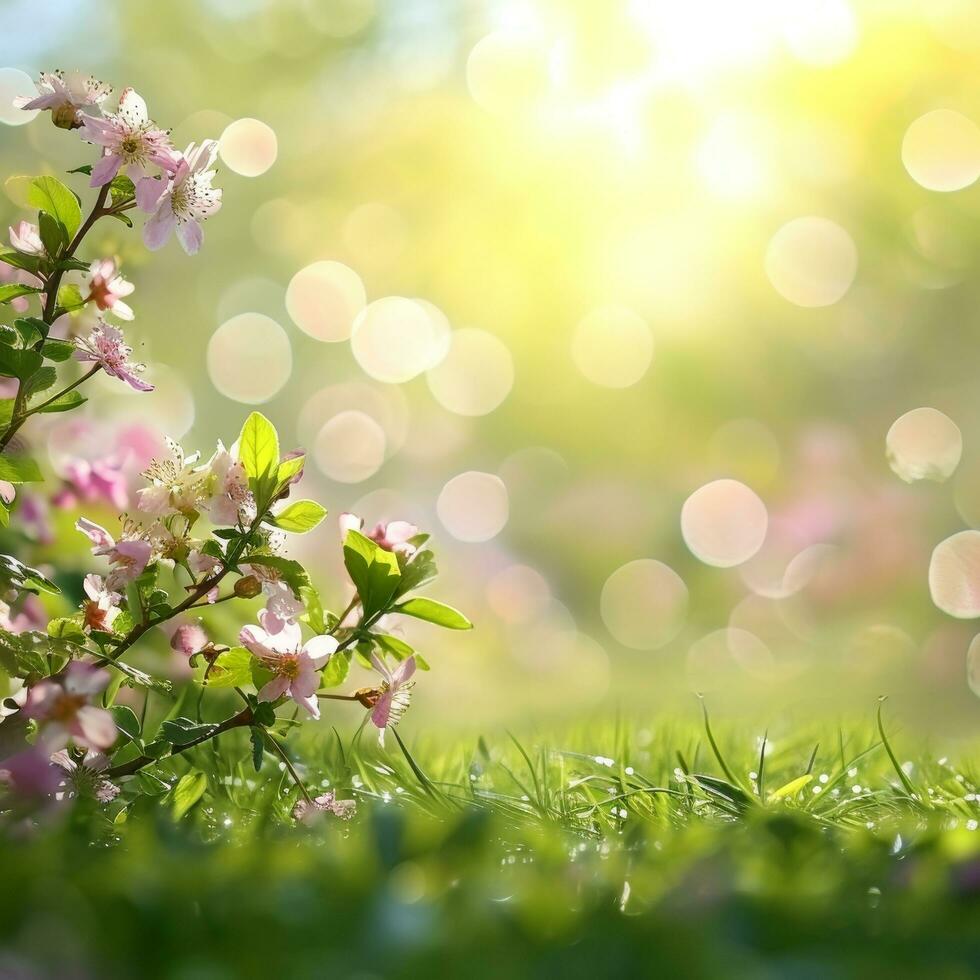 ai genererad vår annons naturlig nackground med blommor, bokeh lampor och kopia Plats foto