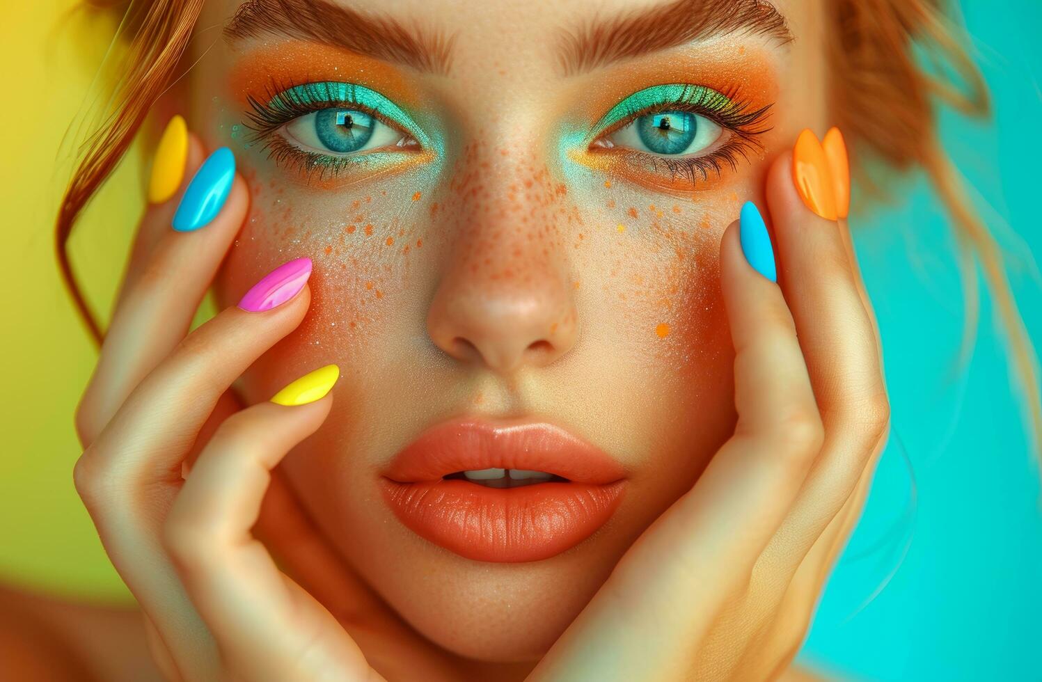 ai genererad en skön ung kvinna med flerfärgad naglar som visar henne hud, pop- konst konsument kultur, foto