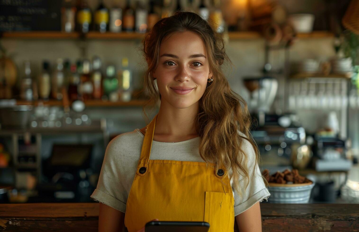 ai genererad bartender stående i en restaurang med läsplatta på henne handled foto