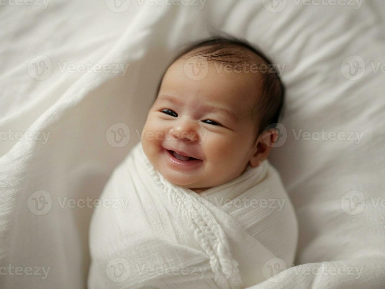 ai genererad fredlig nyfödd salighet en lugn bebis leende fångad på en vit säng, symboliserar hälsa och lycka foto