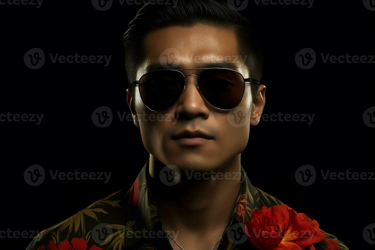 ai genererad porträtt av asiatisk stilig man i solglasögon på Färg bakgrund foto