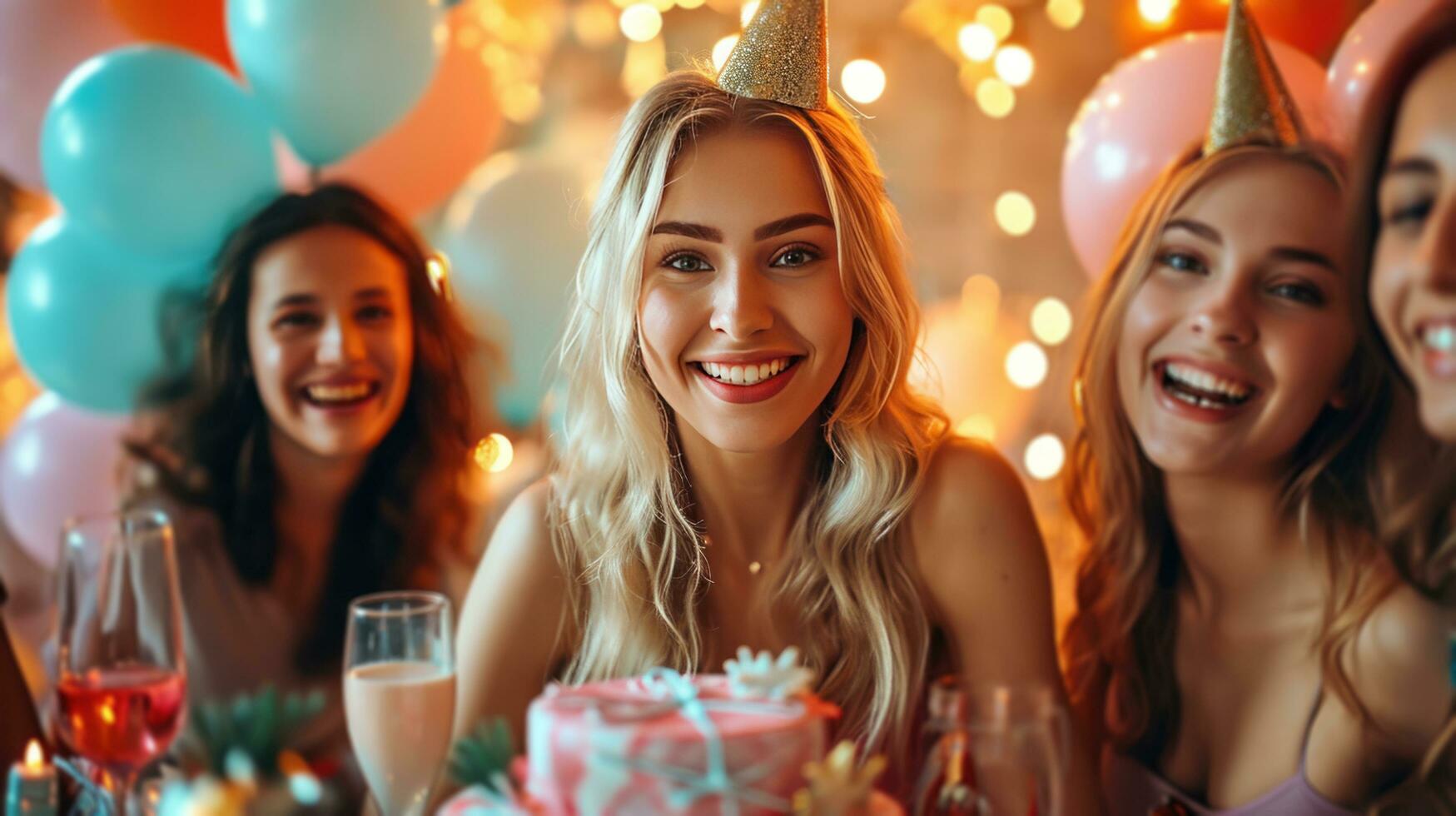 ai genererad vänner och familj omgiven förbi ballonger, presenterar, och festlig dekor i en födelsedag firande foto