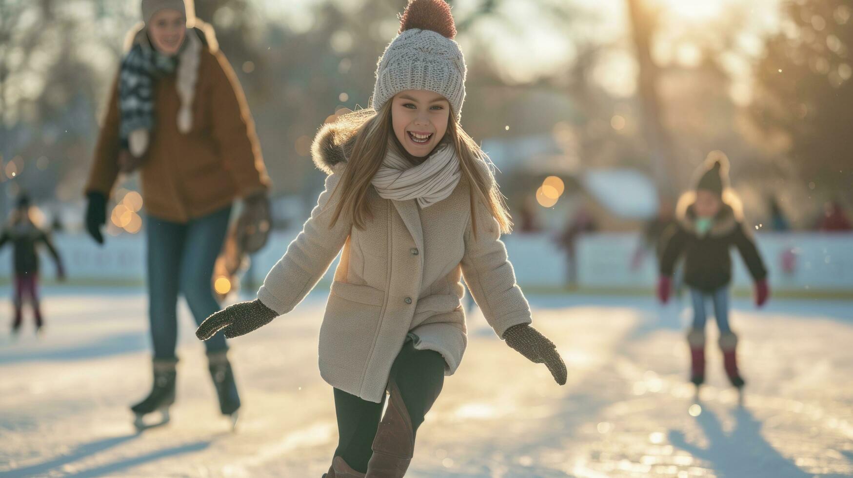 ai genererad familj is skridskoåkning, fångande de magi av de säsong i frysta glädje foto