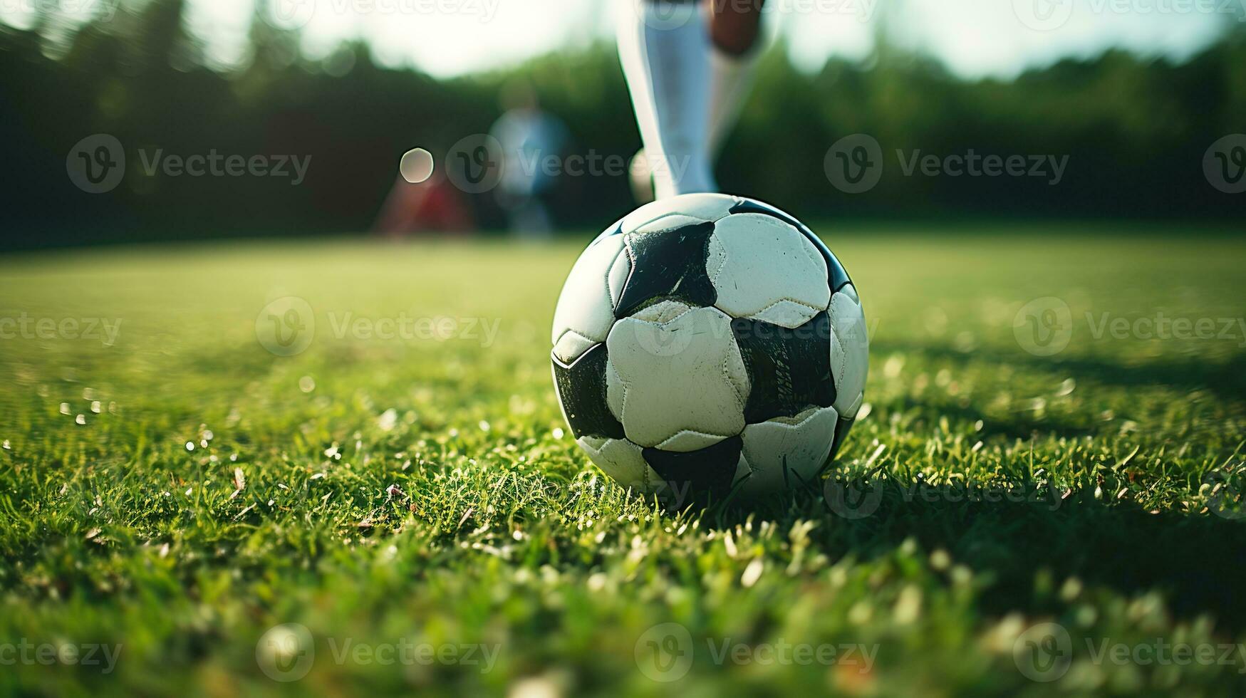 ai genererad fotboll spelare kör till sparka de boll. boll på de gräs fält av arena. skapas med generativ ai foto