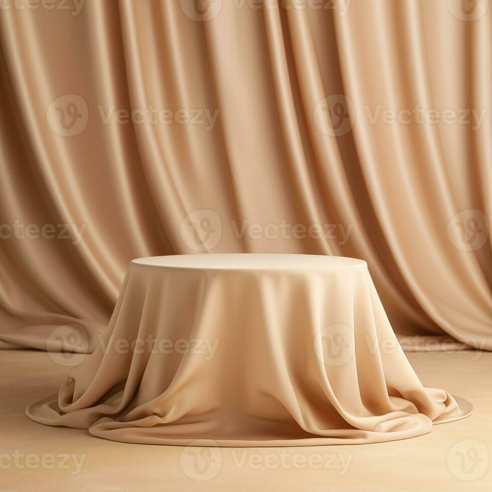 ai genererad tömma runda podium med bakgrund täckt med beige trasa. stå mot de bakgrund av beige silke tyg gardiner. foto