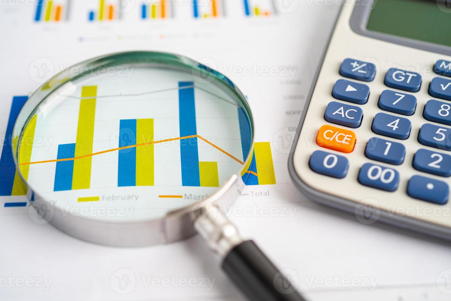 förstoringsglas och miniräknare på diagram grafer papper. finansiell utveckling, bankkonto, statistik, investeringsanalytisk forskningsdataekonomi, börshandel, affärskontor. foto