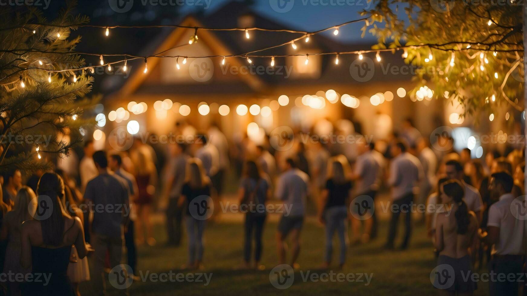 ai genererad suddig bild av fest på trädgård på natt med bokeh ljus foto