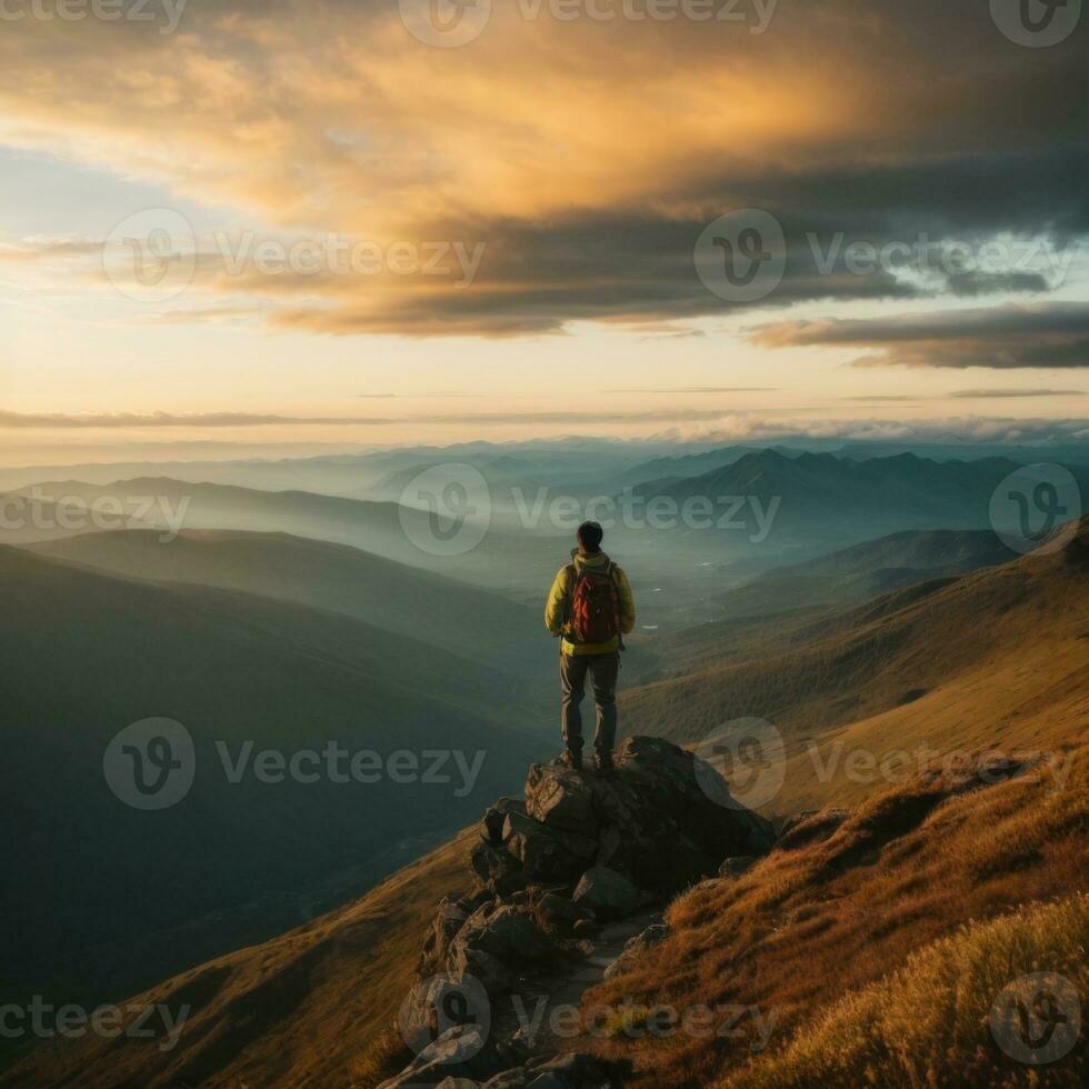 ai genererad levande vildmark ensam vandrarens silhuett på gyllene skymning foto