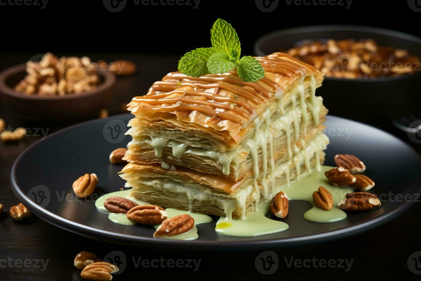 ai genererad de pistasch baklava, de ljuv mästerverk av turkiska kök foto