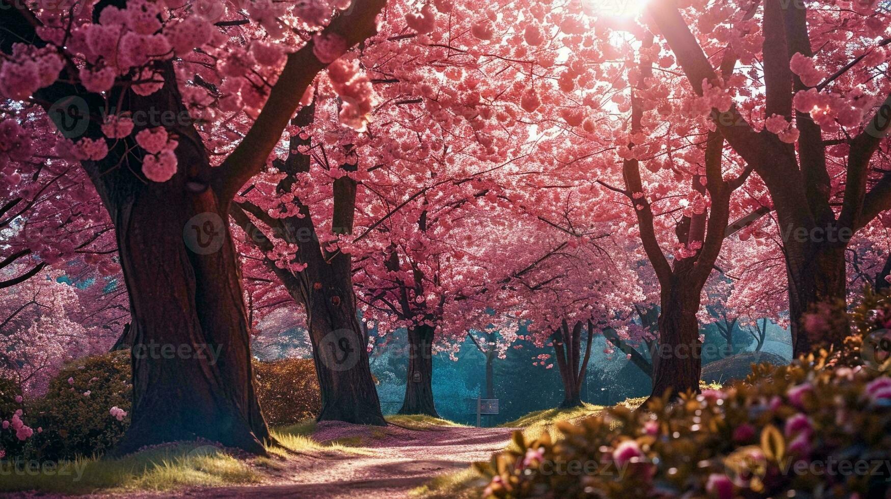 ai genererad en fotografera av en körsbär blomma fylld parkera exploderande med vibrerande rosa nyanser foto