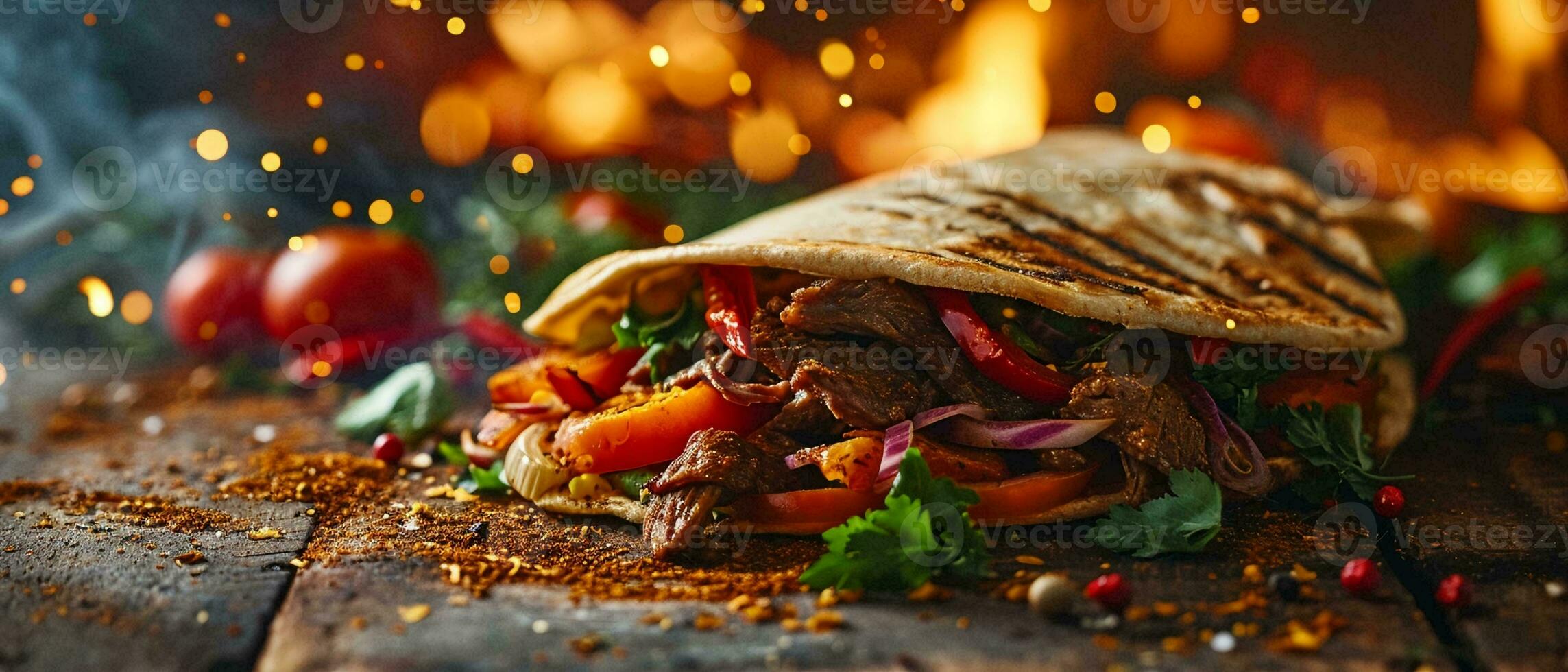 ai genererad färsk grillad nötkött turkiska shawarma doner smörgås med flygande Ingredienser och kryddor foto