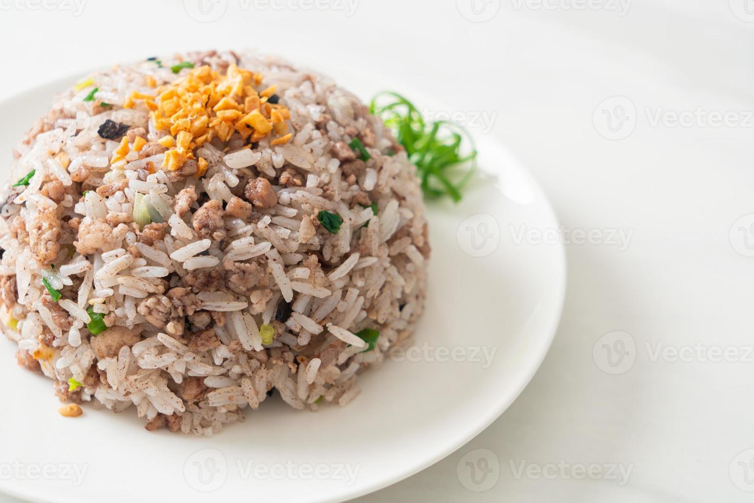 saltat kinesiskt svart olivstekt ris med fläskfärs foto
