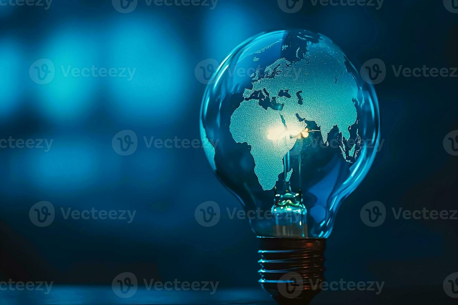ai genererad blå värld Karta skriva ut på de ljus Glödlampa med blå tema foto