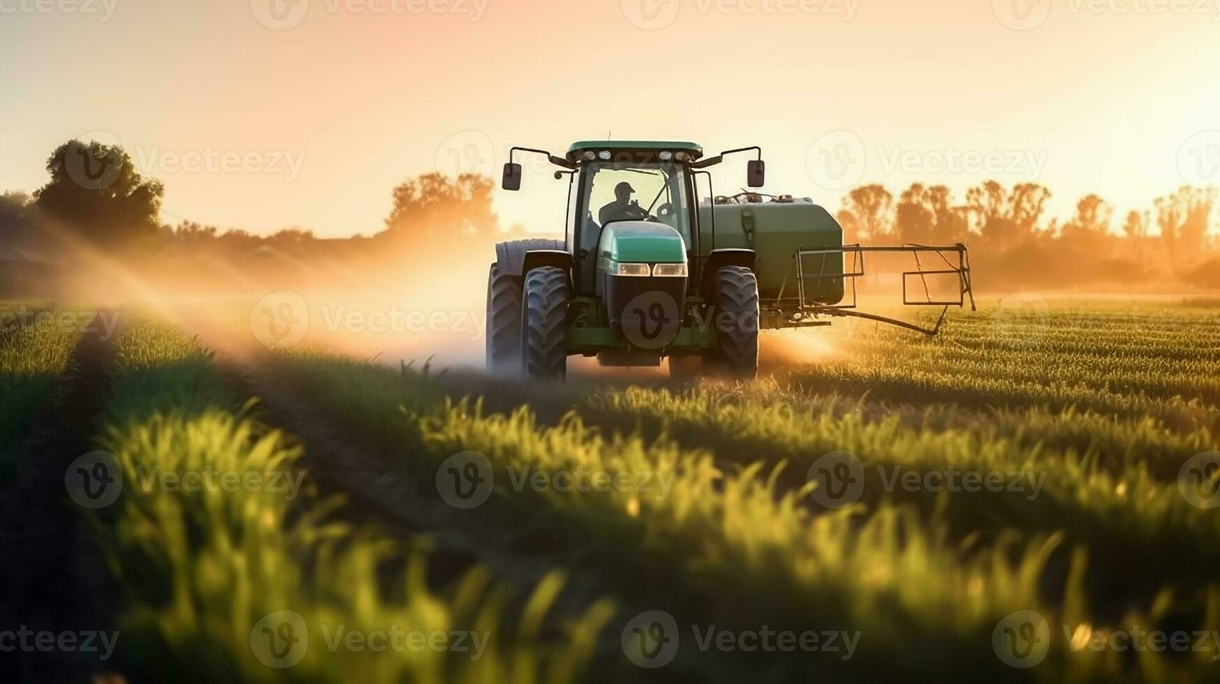 ai genererad en traktor sprayer pesticider på plantage, jordbruk foto