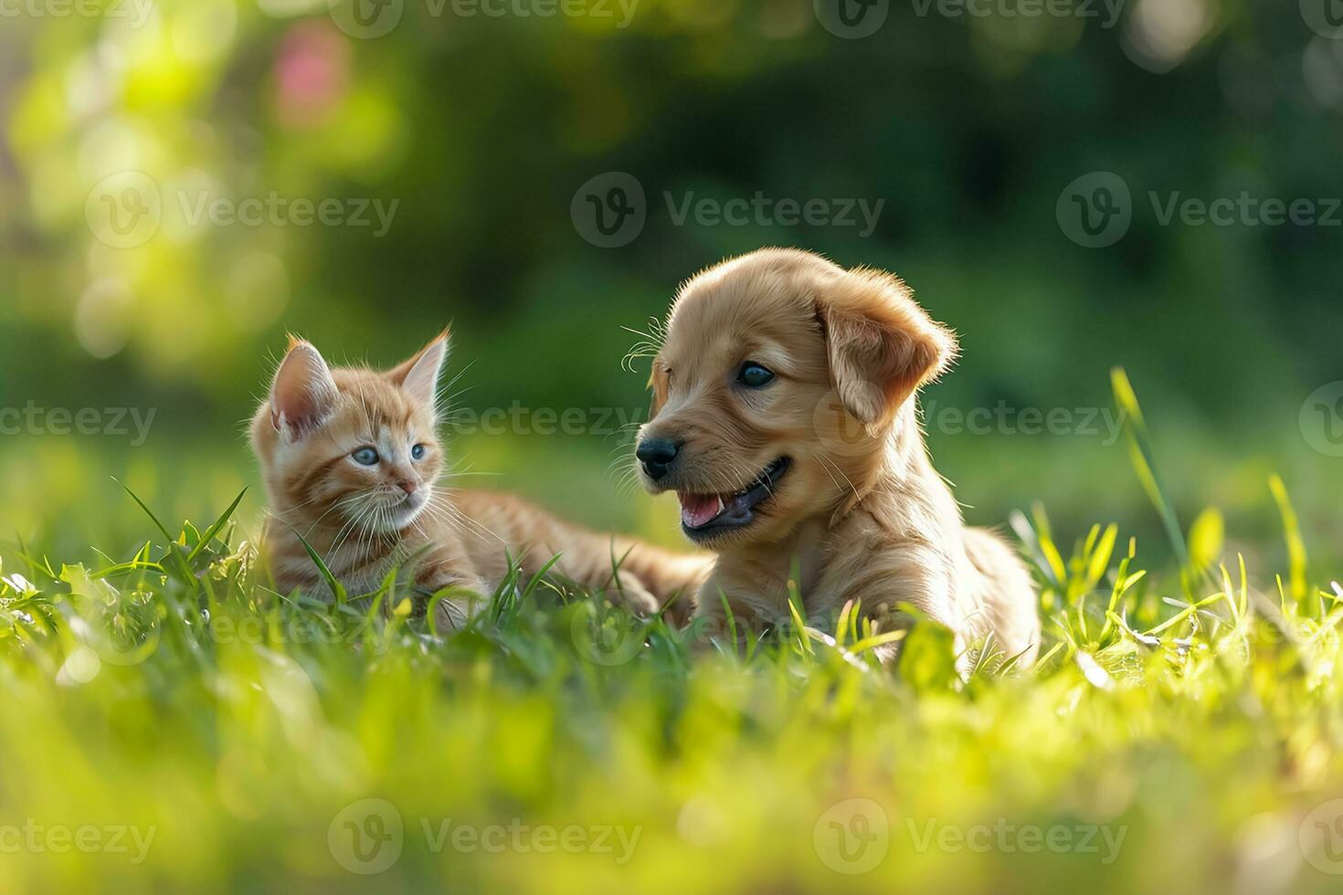 ai genererad Lycklig liten orange havanese valp hund och katt är Sammanträde i de gräs foto