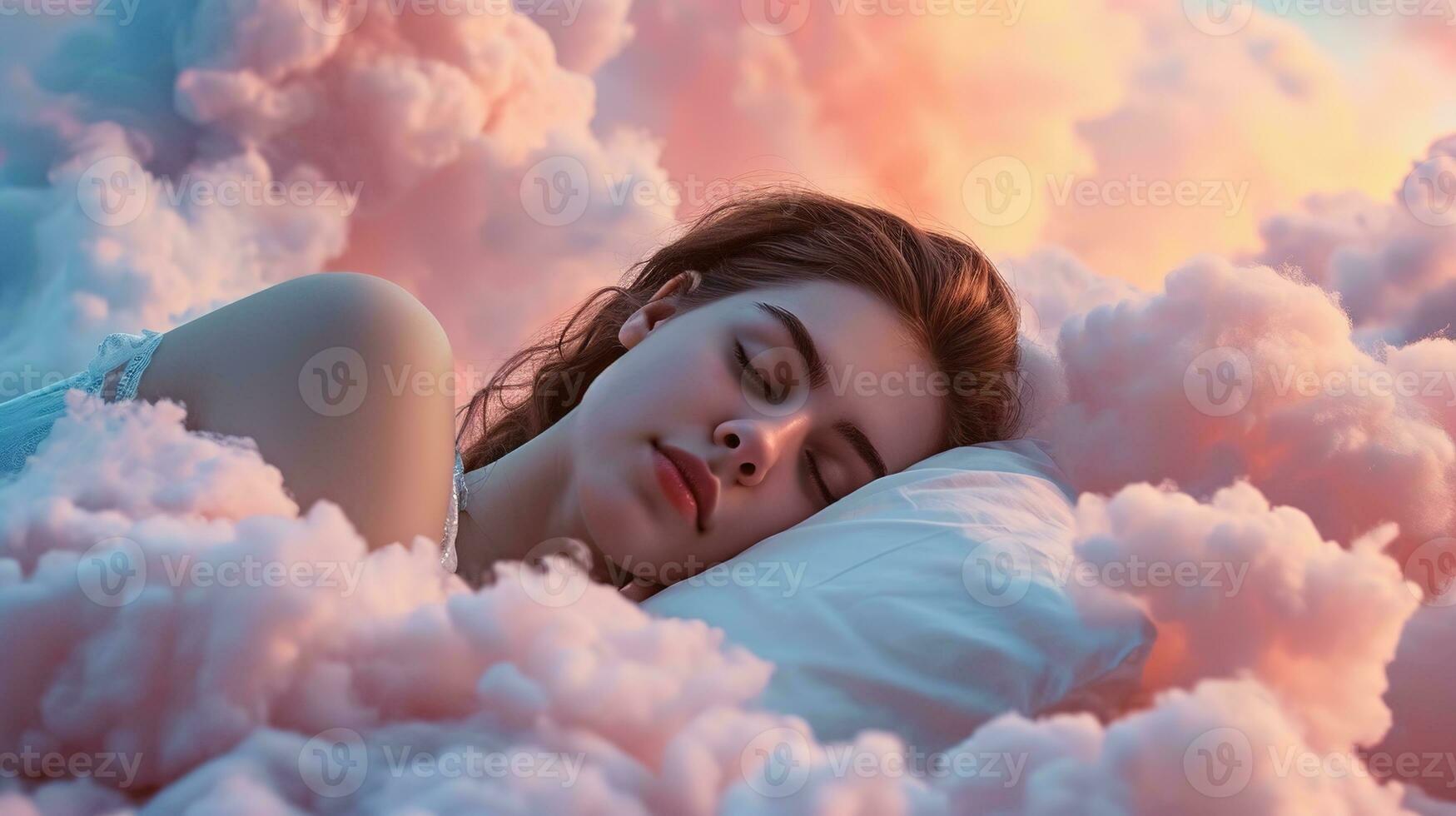 ai genererad generativ ai, ung kvinna är sovande omgiven förbi fluffig bomull rosa moln i de himmel foto
