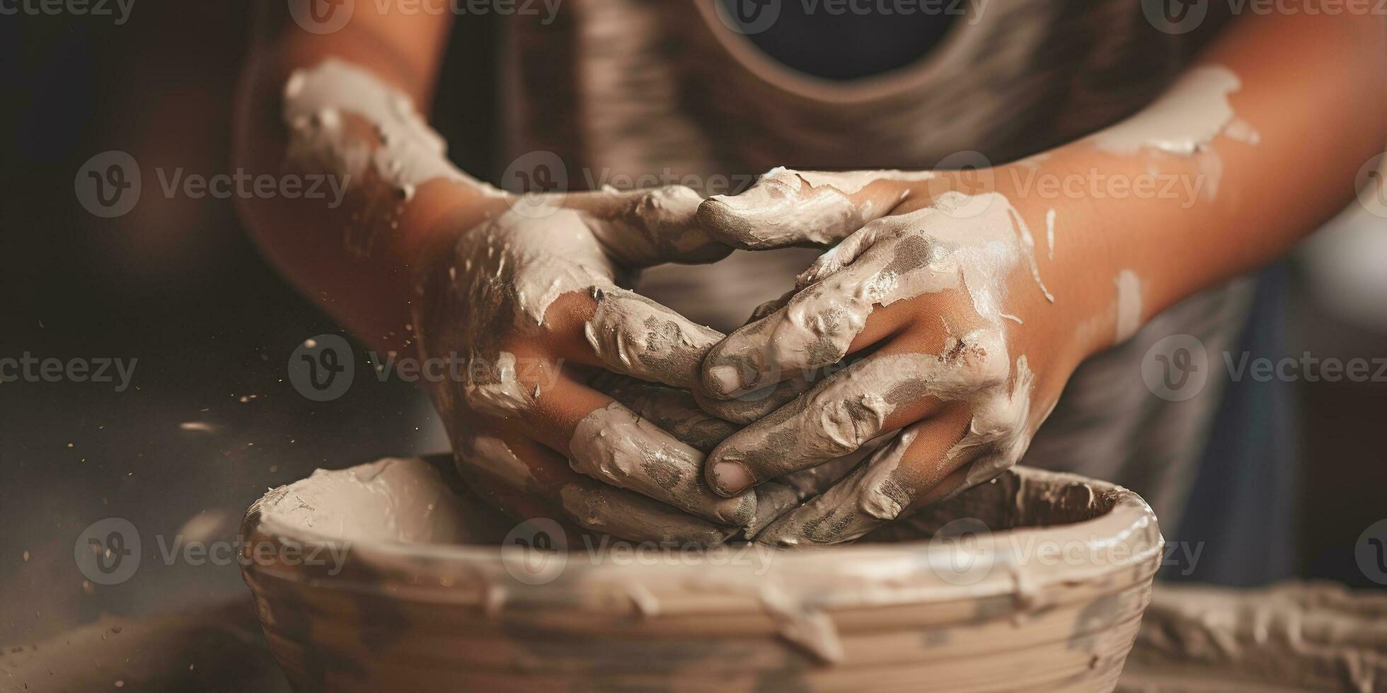 ai genererad generativ ai, unge händer med lera framställning av en keramisk pott i de krukmakeri verkstad studio, hobby och fritid begrepp foto