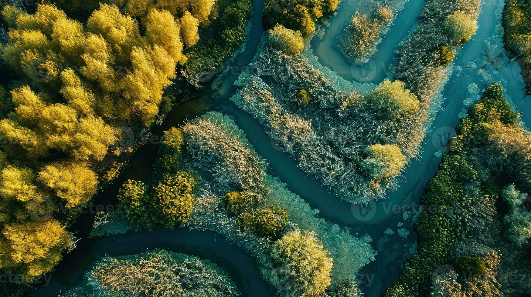 ai genererad generativ ai, antenn se av labyrint vattenvägar, Drönare Foto, skön landskap foto